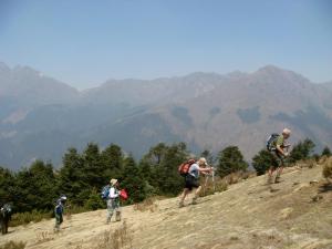 Hard to believe it was just one year ago I was tackling high altitude and long ascents in Nepal. This photo was taken the day we left a Buddhist monastery and climbed past a yak farm and then kept ascending and climbing and going up and gaining altitude. It was one of the longest climbs I have ever tackled. At the end we got a marvelous view of glaciated peaks far higher than anything we see in the Western hemisphere. (photo by Marianne Skeen, all rights reserved).